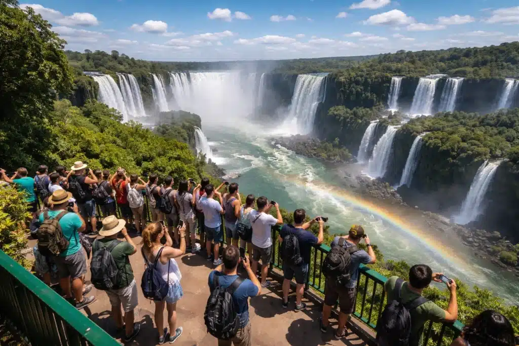Vue panoramique des chutes d’Iguazu côté brésilien avec affluence de visiteurs au belvédère Vue panoramique des chutes d’Iguazu côté brésilien avec affluence de visiteurs au belvédère